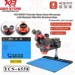 YCS-6558X Trinocular Stereo Zoom Microscope with Mechanic iMat Mini Aluminum Base